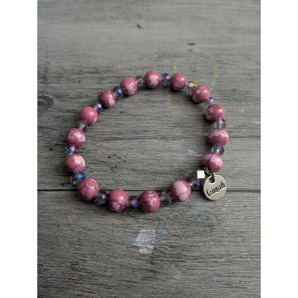 Erimish Pink Marbled Stone and Iridescent Crystal Beaded Stretch Bracelet
